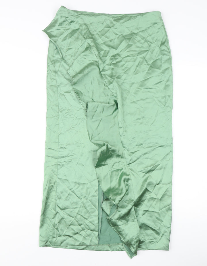 Zara Women’s Green Satin Midi Skirt Size 12 High Rise Slit