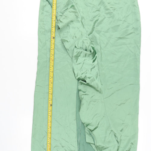 Zara Women’s Green Satin Midi Skirt Size 12 High Rise Slit