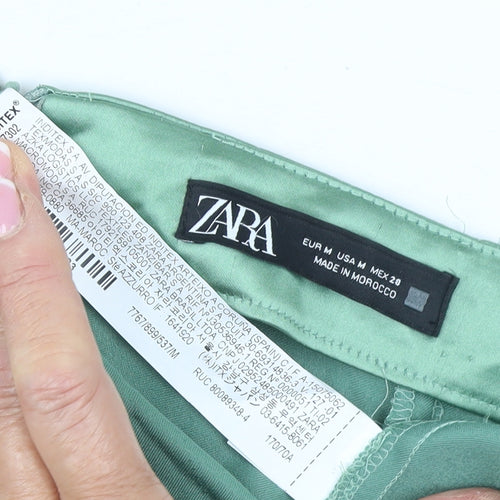 Zara Women’s Green Satin Midi Skirt Size 12 High Rise Slit