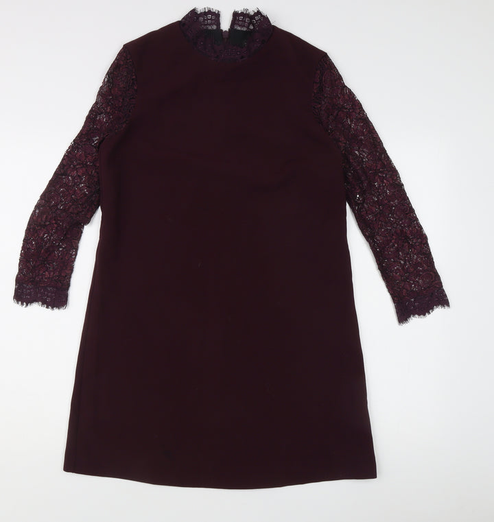Topshop Women Purple Size 10 Lace Long Sleeve Shift Dress Party