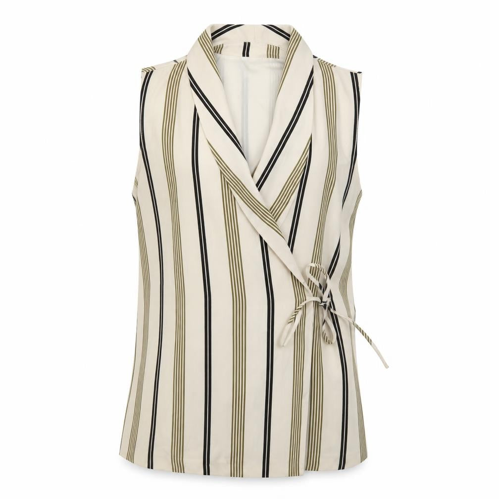 Front view of Marks & Spencer Women’s Multicoloured Stripe Wrap Blouse, size UK 8, Sleeveless