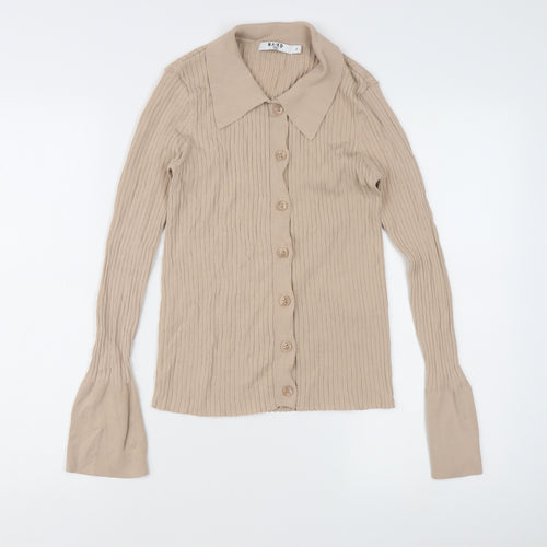 NA-KD Women’s Beige Slim Fit Ribbed Button-Up Top S