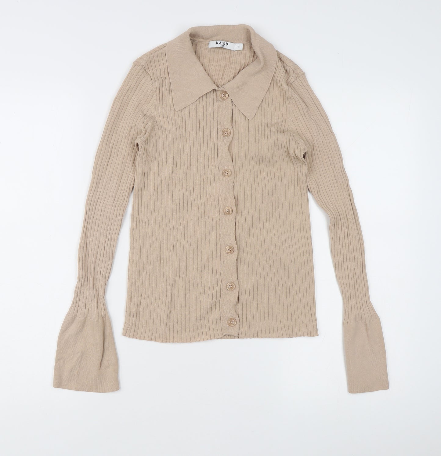 NA-KD Women’s Beige Slim Fit Ribbed Button-Up Top S