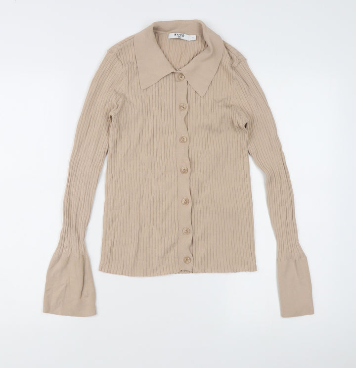NA-KD Women’s Beige Slim Fit Ribbed Button-Up Top S