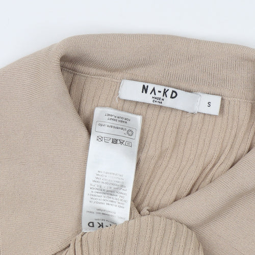 NA-KD Women’s Beige Slim Fit Ribbed Button-Up Top S
