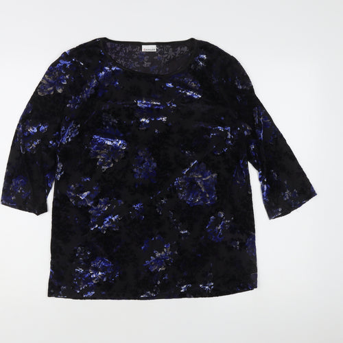 Damart Women’s Black Floral Velvet Blouse L Regular 3/4 Sleeve Scoop Neck