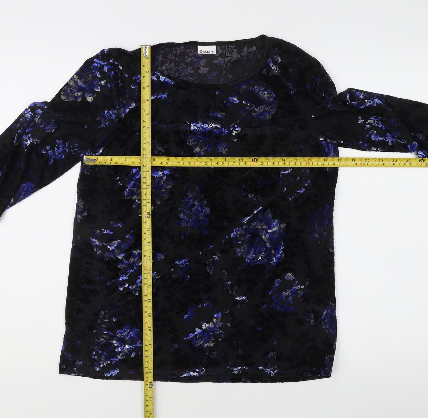 Damart Women’s Black Floral Velvet Blouse L Regular 3/4 Sleeve Scoop Neck