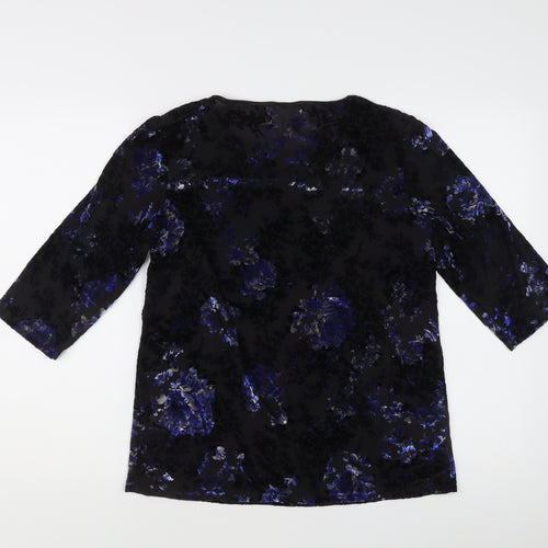 Damart Women’s Black Floral Velvet Blouse L Regular 3/4 Sleeve Scoop Neck