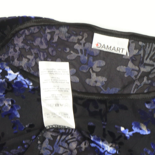 Damart Women’s Black Floral Velvet Blouse L Regular 3/4 Sleeve Scoop Neck