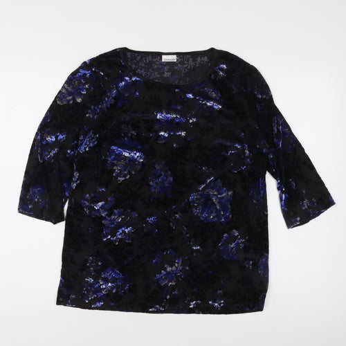 Damart Women’s Black Floral Velvet Blouse L Regular 3/4 Sleeve Scoop Neck