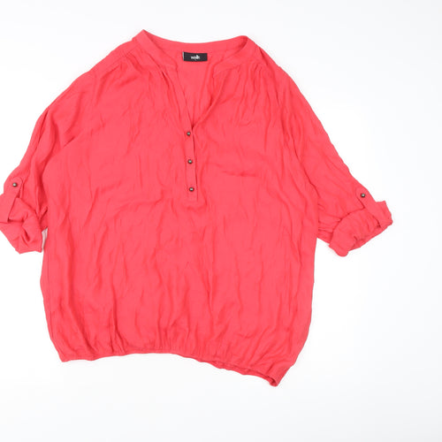 Wallis Women’s Red Tunic Blouse L 3/4 Roll Tab Sleeve V-Neck Casual