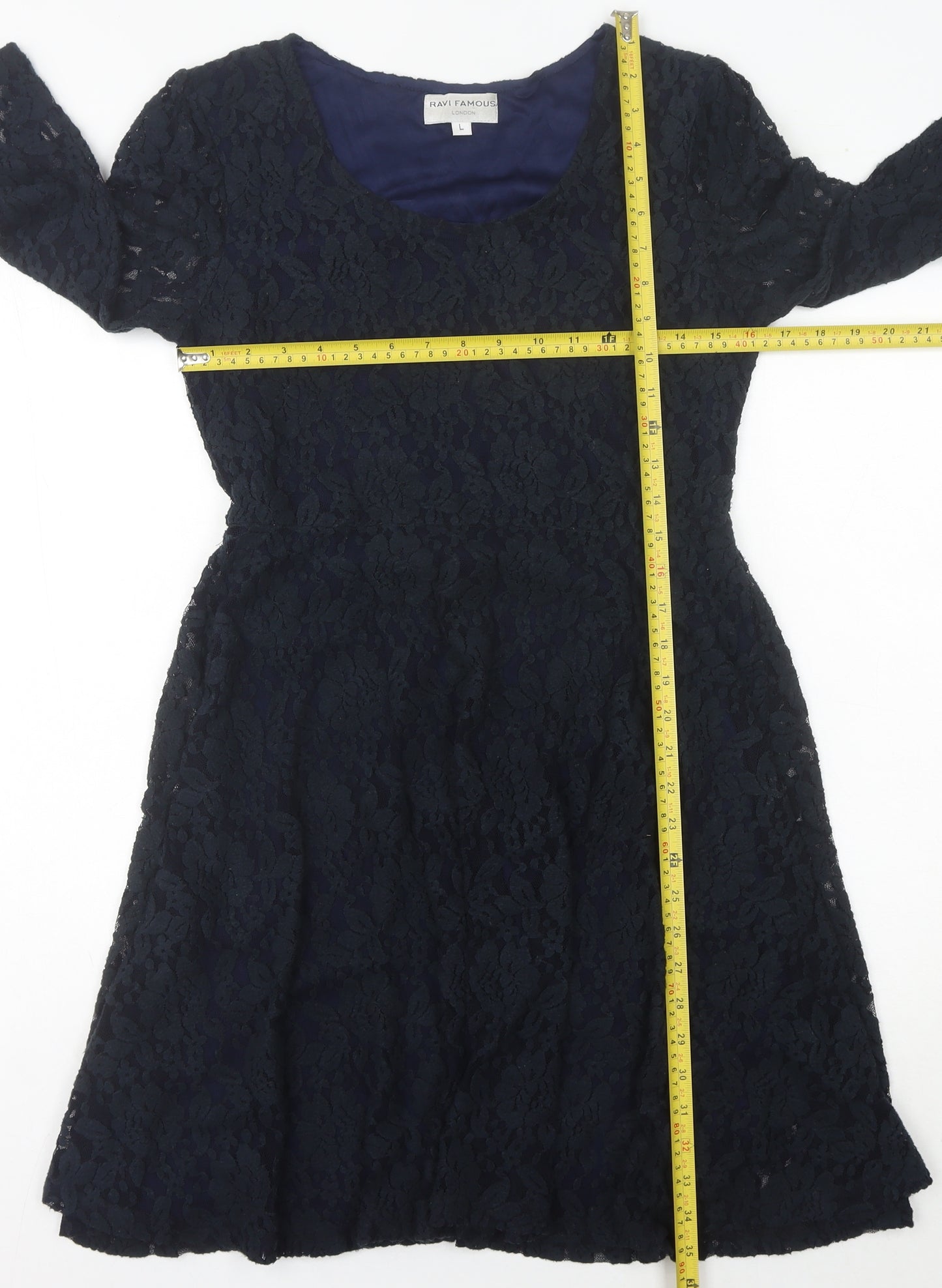 Ravi Famous Womens Black Lace A-Line Knee Length Party Dress L