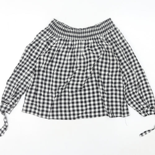 New Look Women’s Black Check Peasant Blouse Size 12 Off Shoulder Viscose