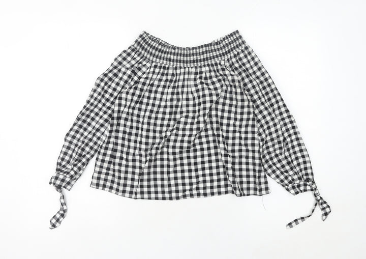 New Look Women’s Black Check Peasant Blouse Size 12 Off Shoulder Viscose