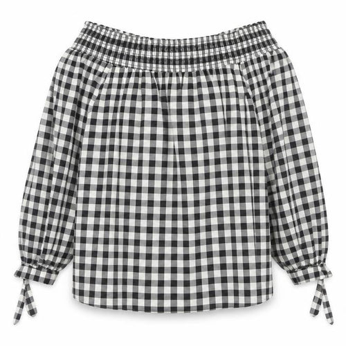 New Look Women’s Black Check Peasant Blouse Size 12 Off Shoulder Viscose