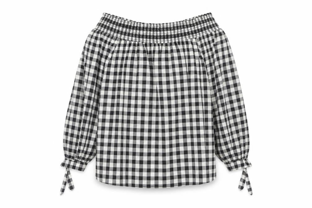 New Look Women’s Black Check Peasant Blouse Size 12 Off Shoulder Viscose