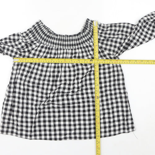 New Look Women’s Black Check Peasant Blouse Size 12 Off Shoulder Viscose