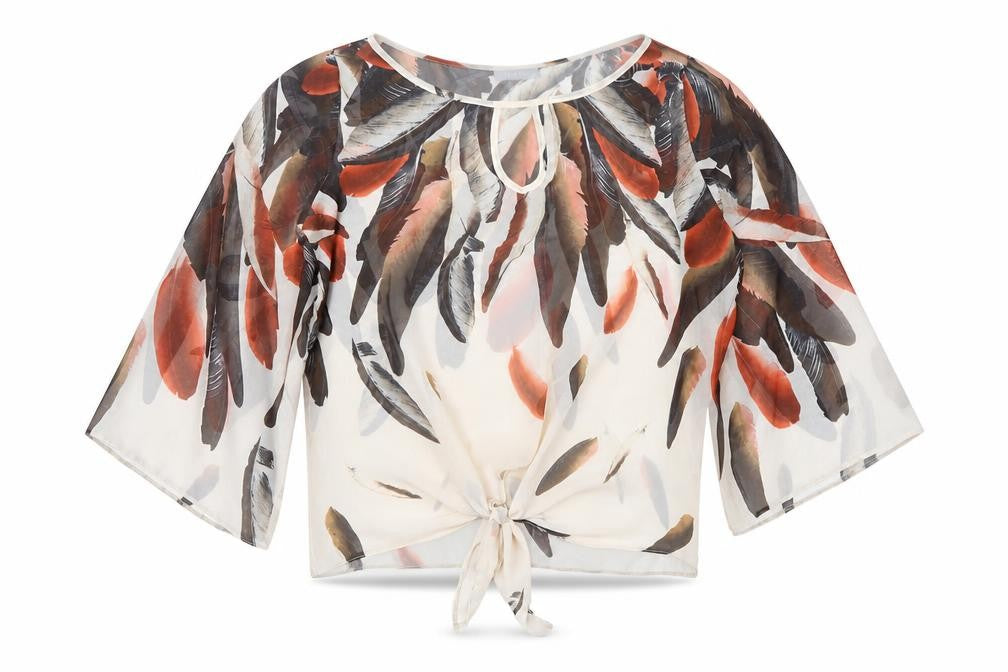 Front view of Wallis Women’s Multicoloured Feather Print Chiffon Cropped Blouse M