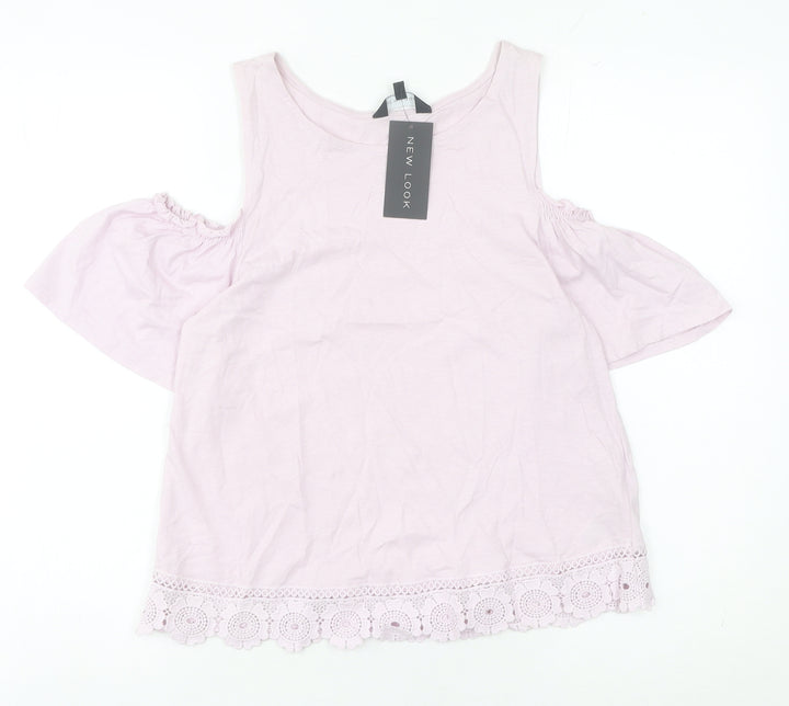 New Look Women Pink Size 12 Cotton Cold Shoulder Crochet Blouse