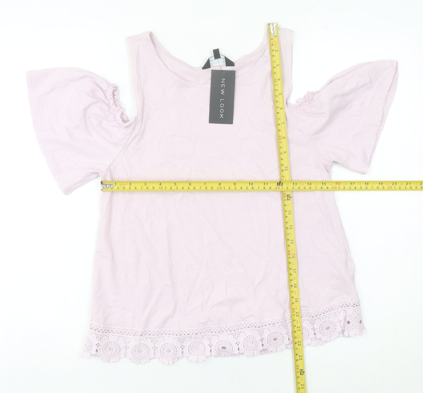New Look Women Pink Size 12 Cotton Cold Shoulder Crochet Blouse