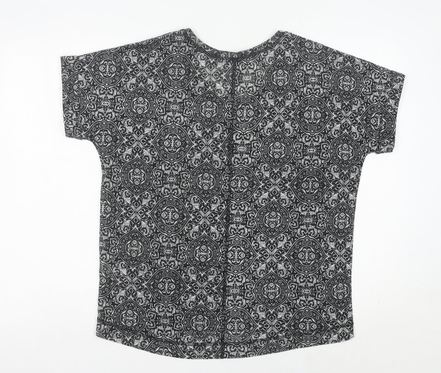 Peacocks Women’s Black Geometric V-Neck Short Sleeve T-Shirt Size 14