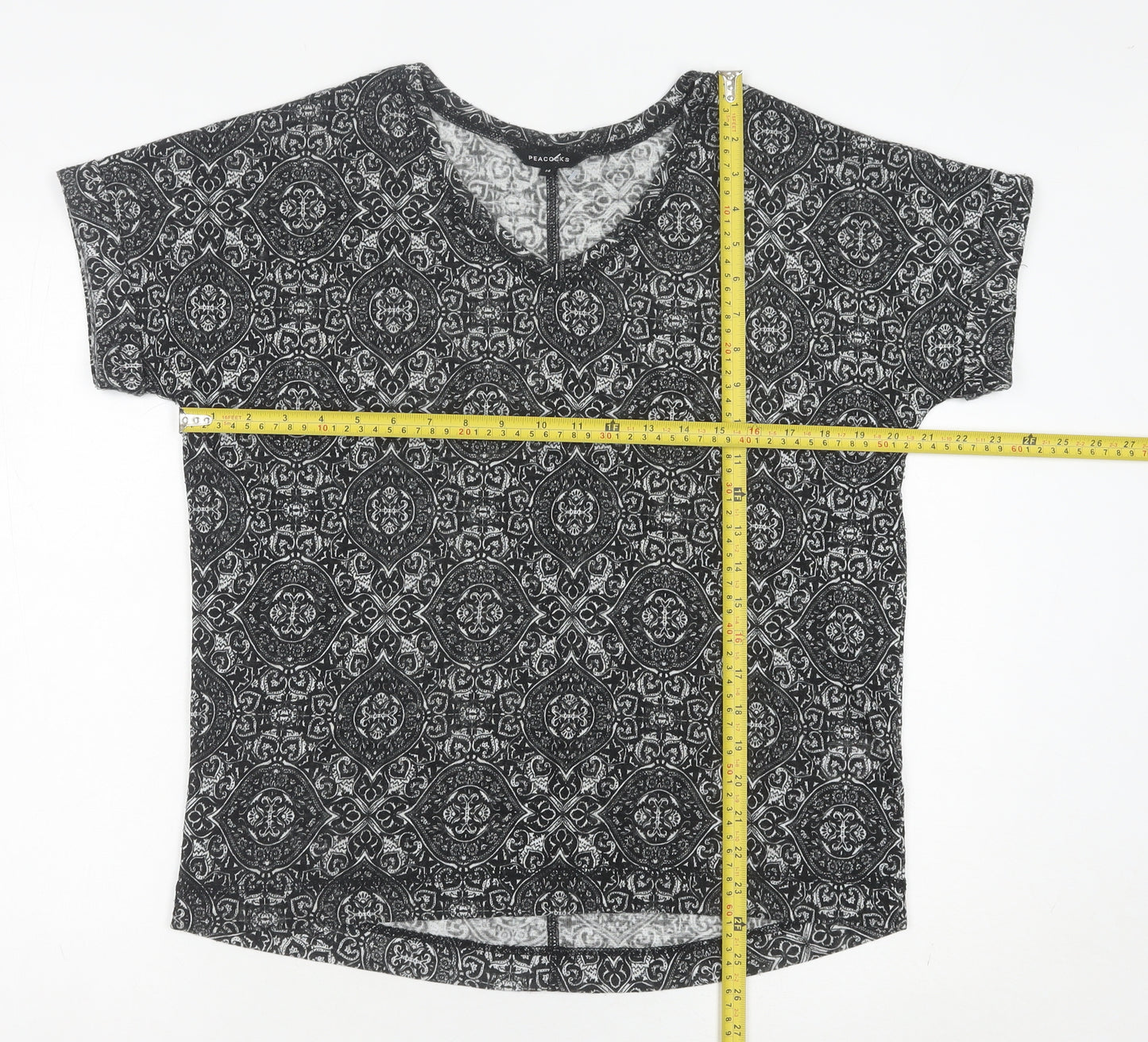 Peacocks Women’s Black Geometric V-Neck Short Sleeve T-Shirt Size 14