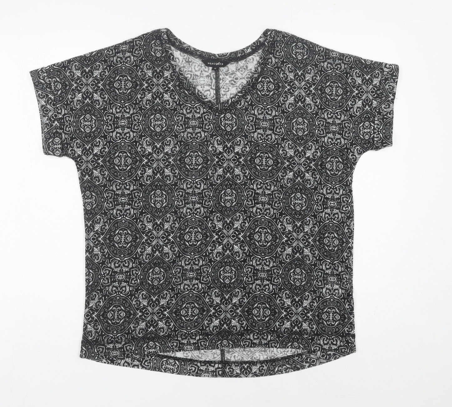 Peacocks Women’s Black Geometric V-Neck Short Sleeve T-Shirt Size 14
