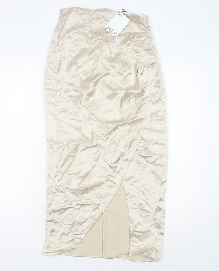 Zara Women’s Beige XS Wrap Midi Skirt High Rise Lined Slit
