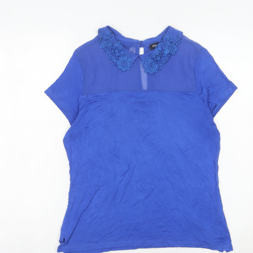 ICON Women’s Blue Embroidered Collar Blouse Size 12 Short Sleeve