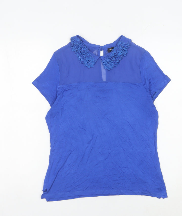 ICON Women’s Blue Embroidered Collar Blouse Size 12 Short Sleeve