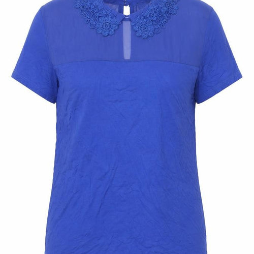 ICON Women’s Blue Embroidered Collar Blouse Size 12 Short Sleeve