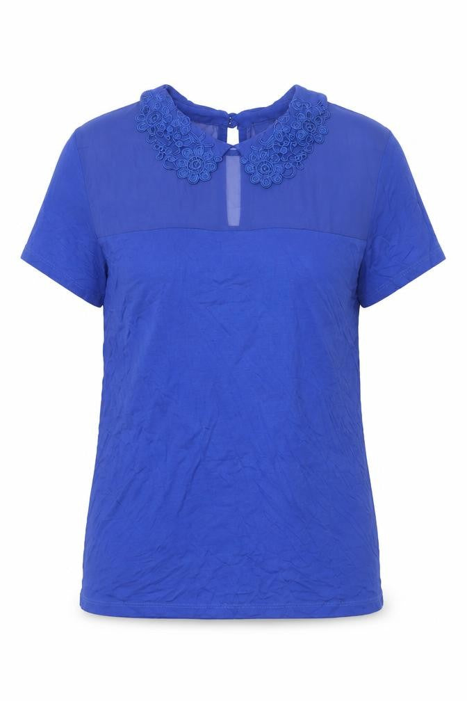 ICON Women’s Blue Embroidered Collar Blouse Size 12 Short Sleeve