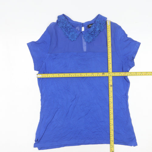 ICON Women’s Blue Embroidered Collar Blouse Size 12 Short Sleeve