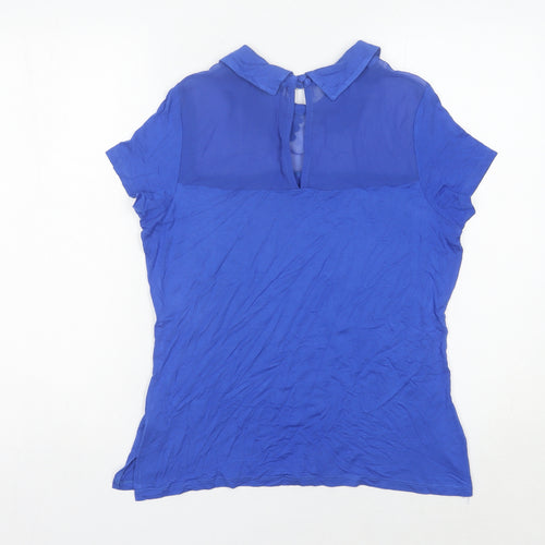 ICON Women’s Blue Embroidered Collar Blouse Size 12 Short Sleeve