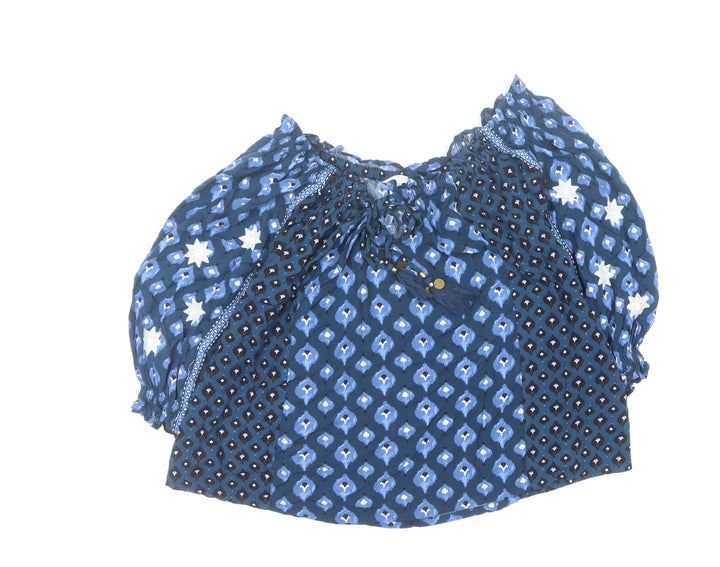 Monsoon Women’s Blue Bohemian Peasant Blouse Size S Tassel Off Shoulder