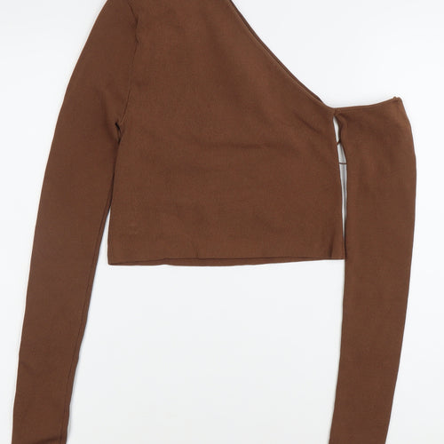 Zara Women Brown XS One Shoulder Cropped Knit Blouse Slim Fit