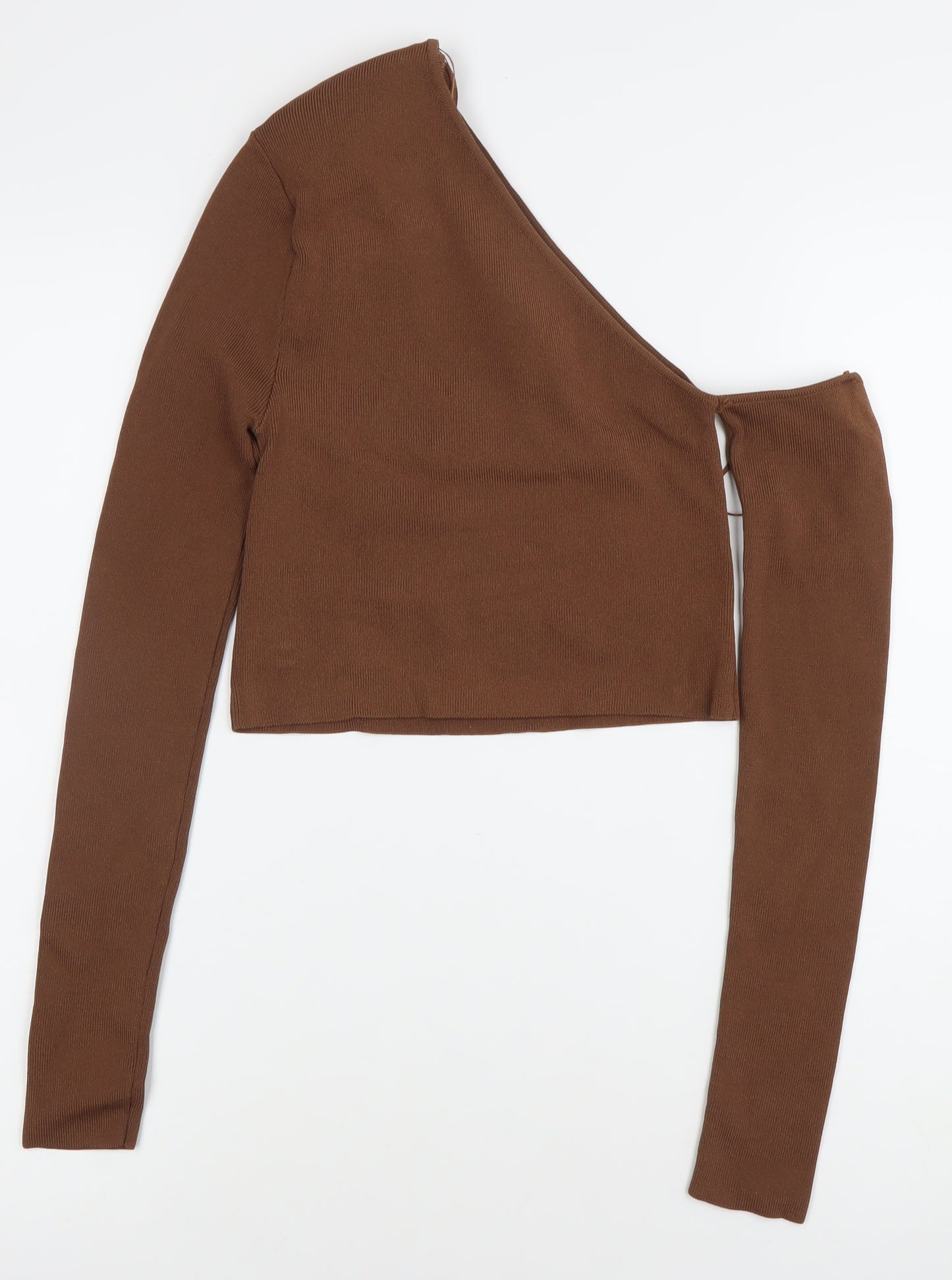 Zara Women Brown XS One Shoulder Cropped Knit Blouse Slim Fit