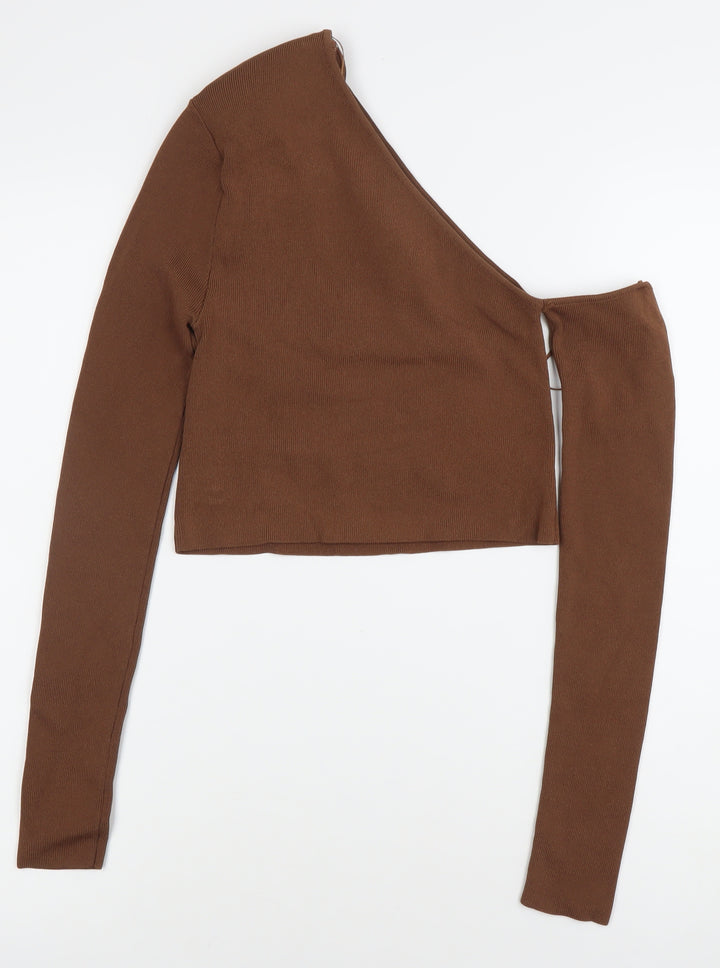 Zara Women Brown XS One Shoulder Cropped Knit Blouse Slim Fit
