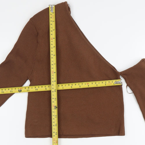 Zara Women Brown XS One Shoulder Cropped Knit Blouse Slim Fit