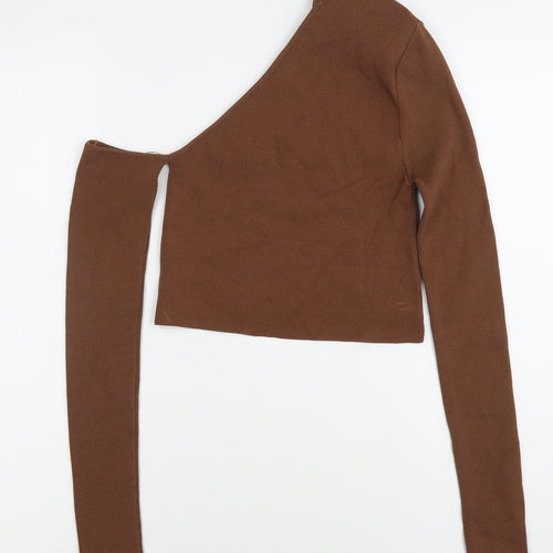 Zara Women Brown XS One Shoulder Cropped Knit Blouse Slim Fit