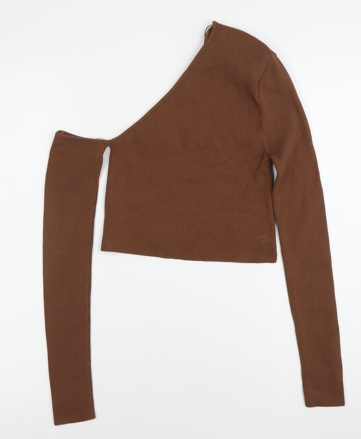Zara Women Brown XS One Shoulder Cropped Knit Blouse Slim Fit