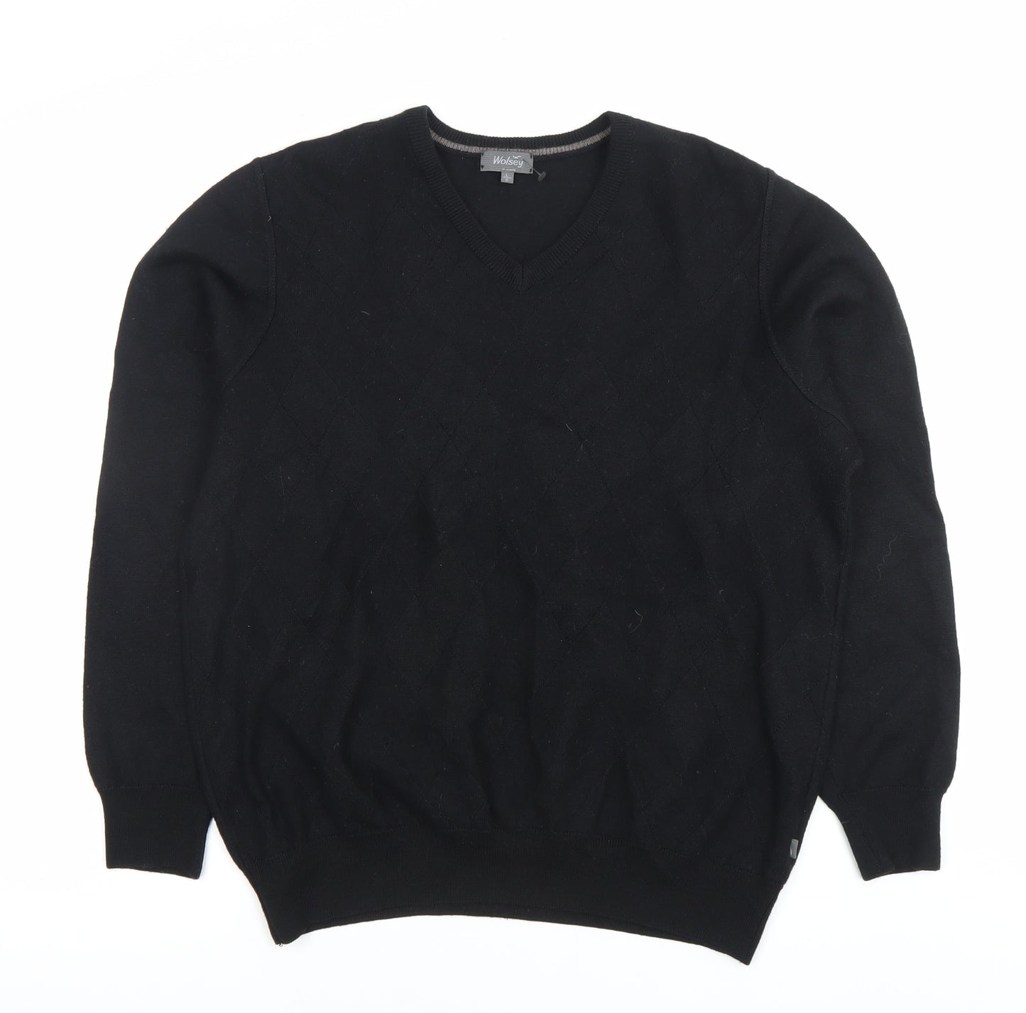 Wolsey Men’s Black Argyle V-Neck Pullover Jumper - Size L - Casual Winter