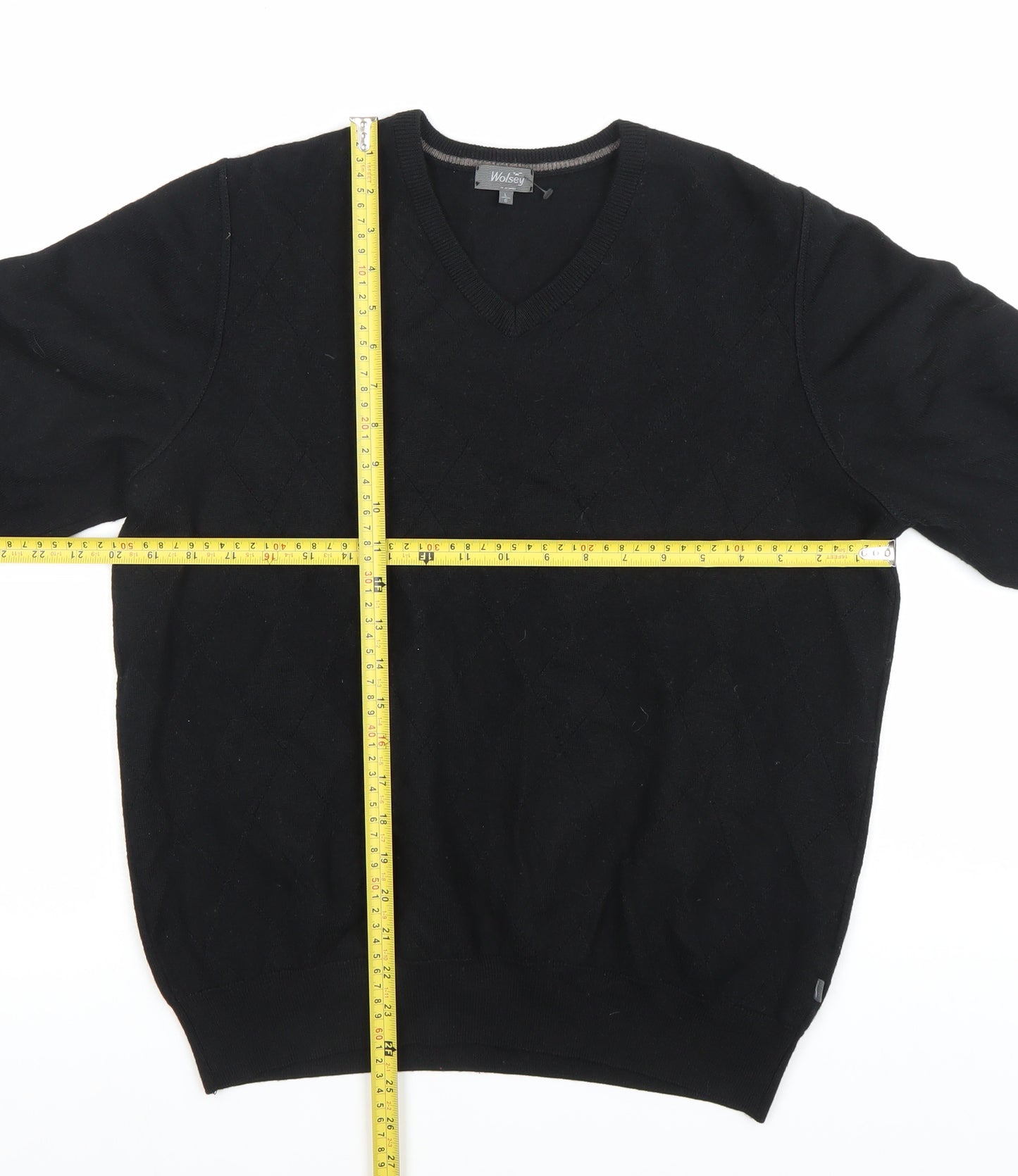Wolsey Men’s Black Argyle V-Neck Pullover Jumper - Size L - Casual Winter