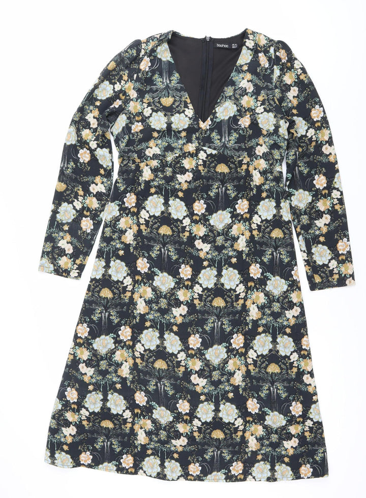 Boohoo Women's Multicoloured Floral Wrap Dress Size 10 Knee Length V-Neck