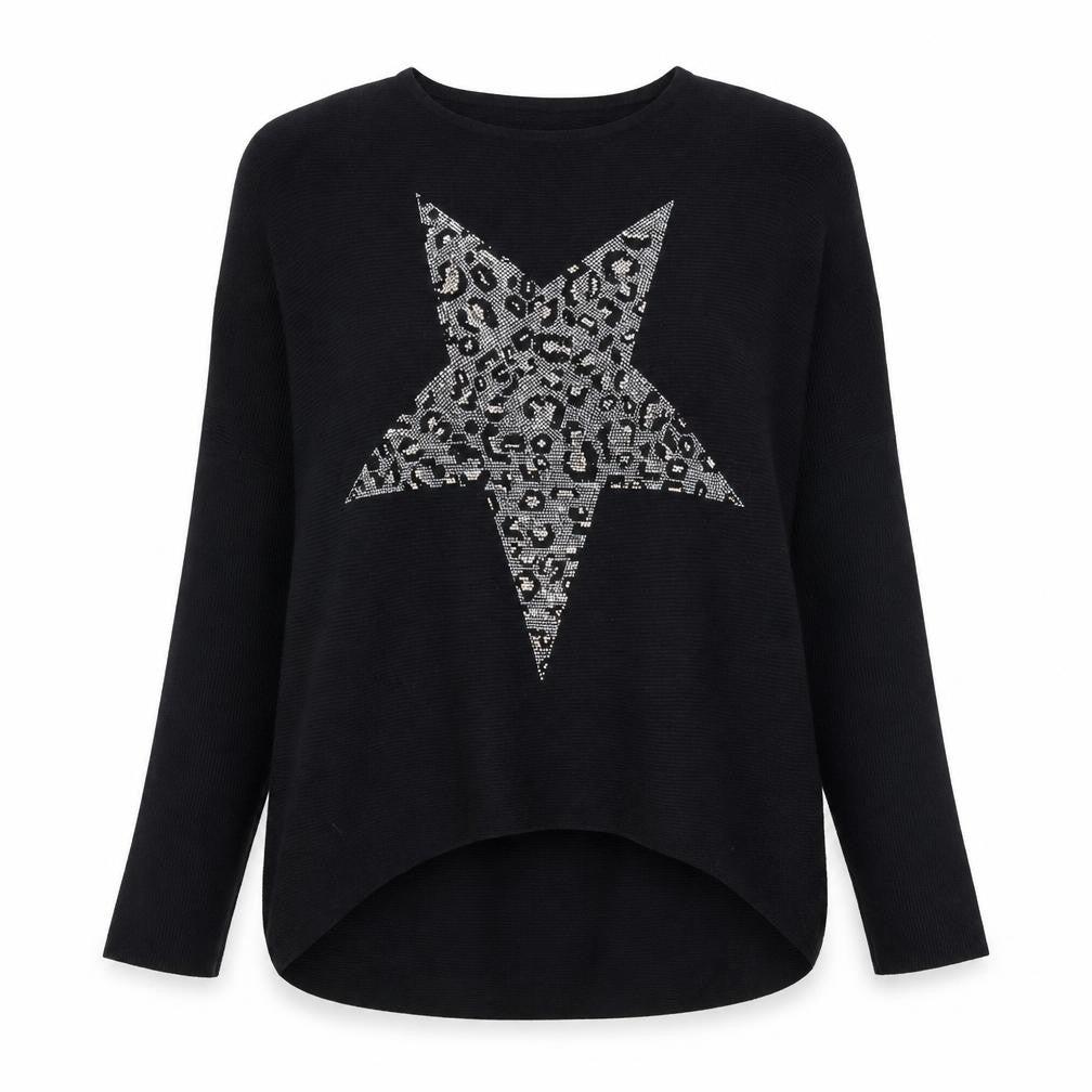 Front view of Blue Vanilla Women’s Black Beaded Star Leopard Jumper S