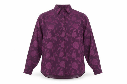 Front view of French Connection Women’s Purple Floral Long Sleeve Button-Up Shirt, size UK 8