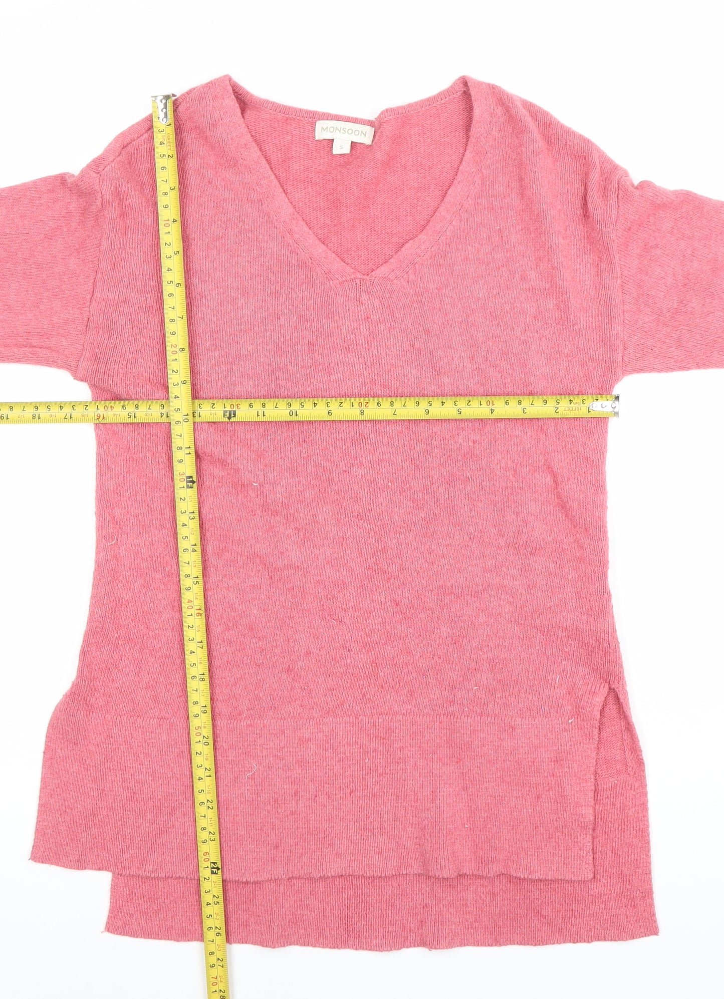 Monsoon Women’s Pink V-Neck Tunic Jumper S 3/4 Sleeve Knit