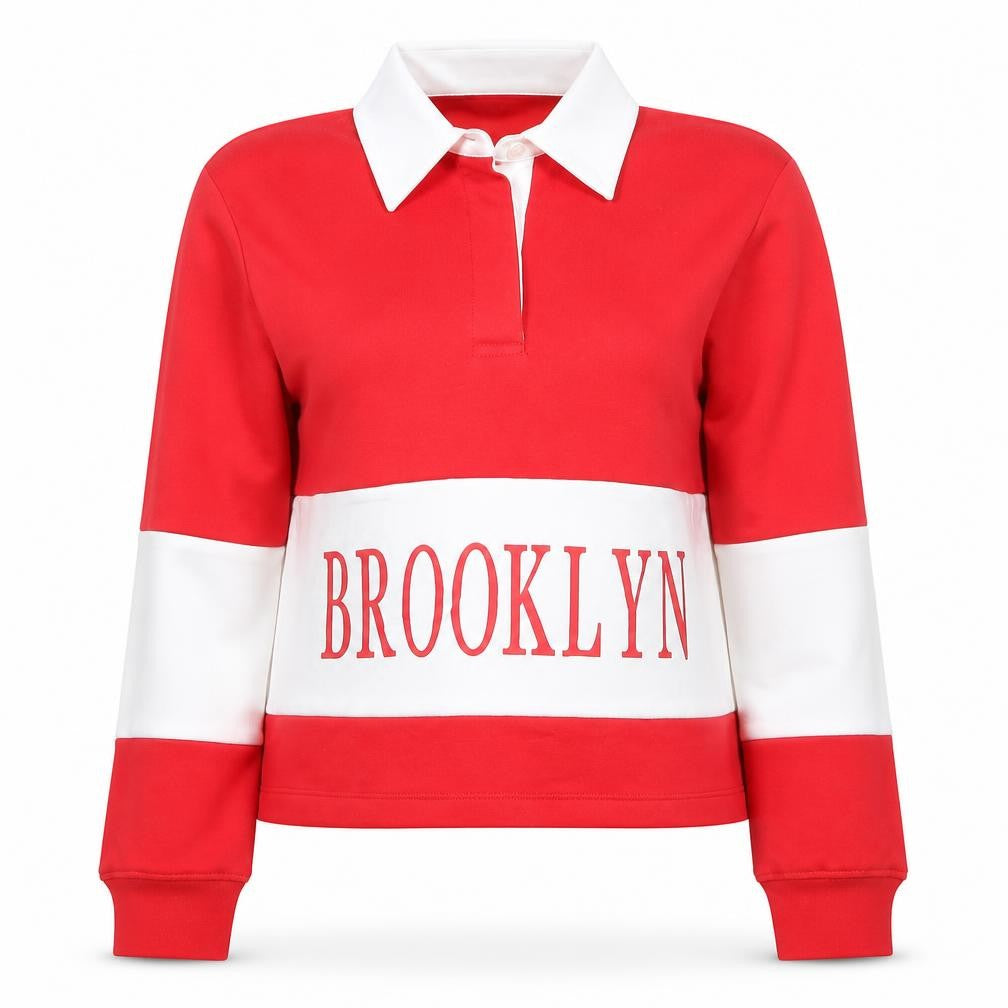 Front view of Next Women's Red, size 8, Collared Pullover Sweatshirt Brooklyn Print