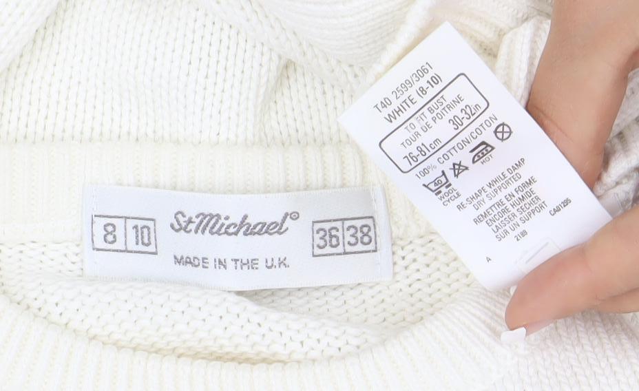 Smithland Women's White Cotton Crew Neck Jumper Size 8