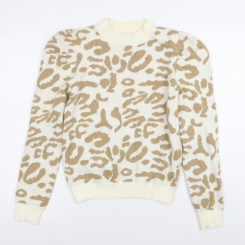 Oneweht Women's Beige Animal Print Mock Neck Puff Sleeve Jumper M